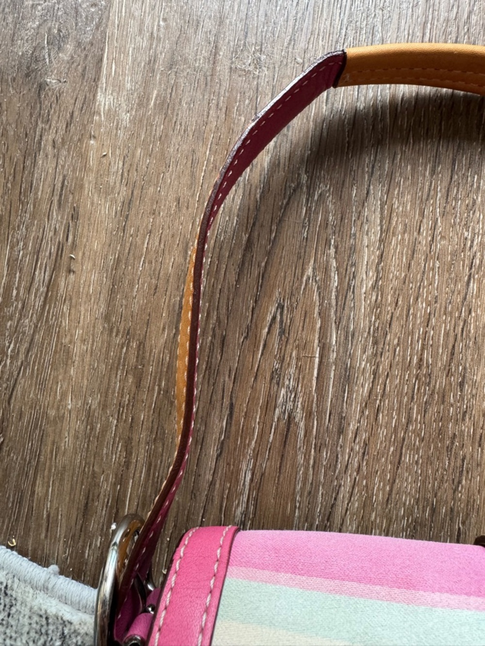 Vintage Coach Striped Pastel Shoulder Bag with Pink Trim and Tan Buckle - Picture 10 of 17